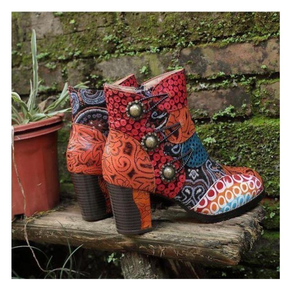 Johnature Leather Mixed Colors Boots Shoes Zip Round Toe Sewing High Heel Ankle - Picture 4 of 16